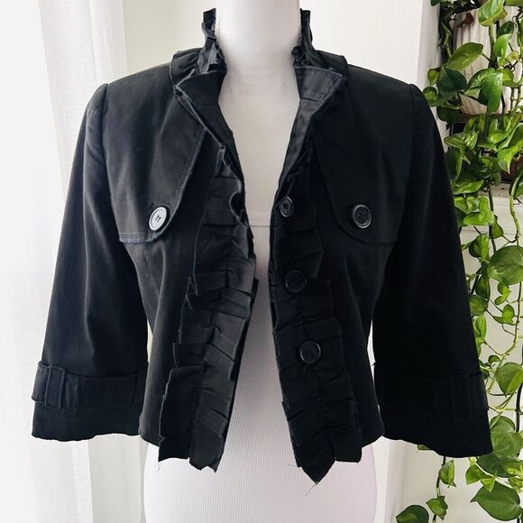 Mossaic Collection Black Ruffle Trim Copped Jacket Goth Steampunk Gothic -Size 2 - Picture 2 of 8